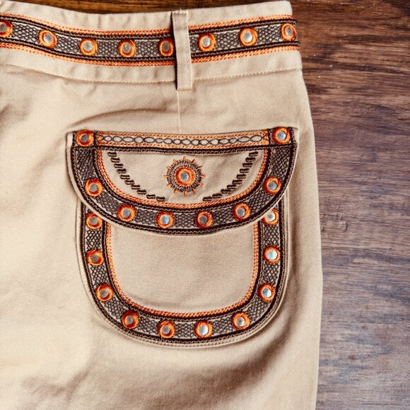 Tory Burch Khaki Orange Embroidered Embellished Flare Leg Pants Size 10 - Picture 2 of 7